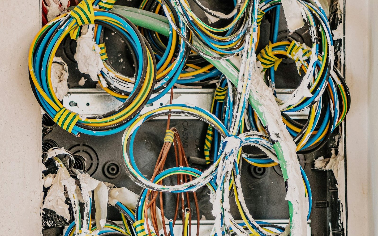 Alte Verteilerdose mit vielen ungeordneten Leitungen